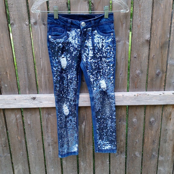 Justice Distressed Destroyed Sequin Front Mid Rise Super Skinny Girls Jeans - Picture 1 of 14